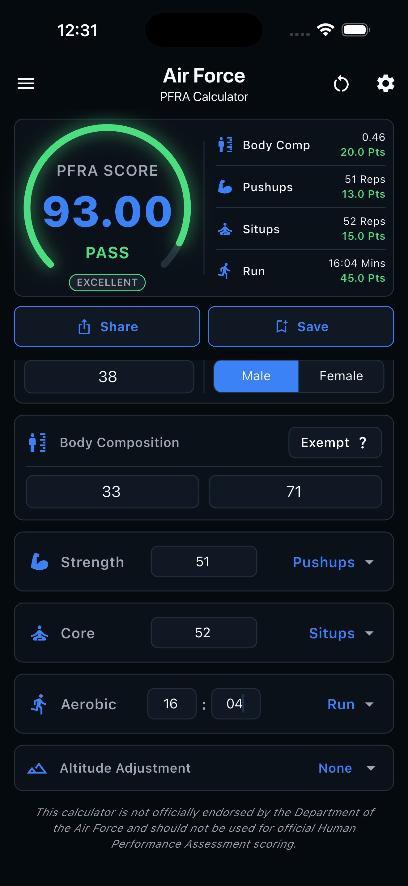Captura de ecrã 1 da app Air & Space Fitness Calculator
