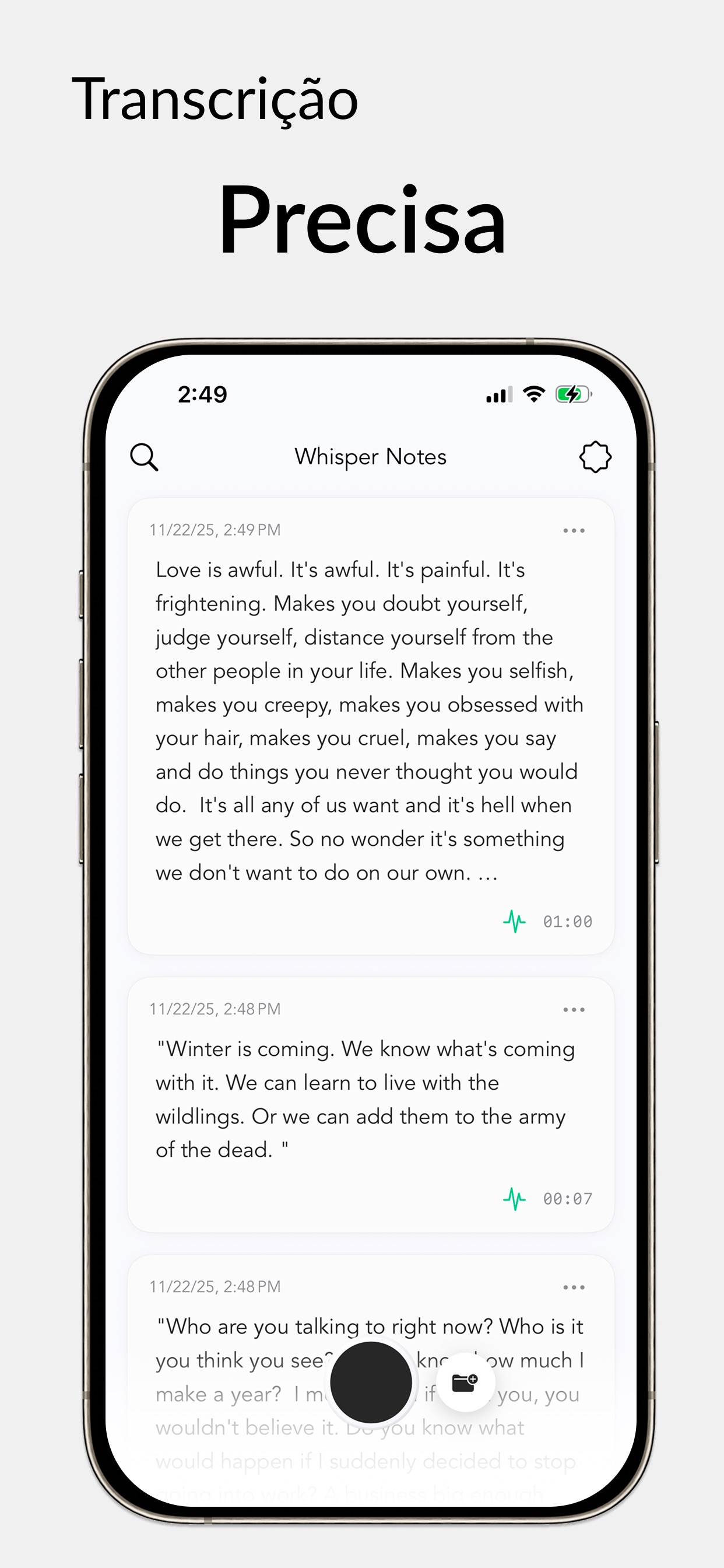 Captura de ecrã 1 da app Whisper Notes - Voz para Texto