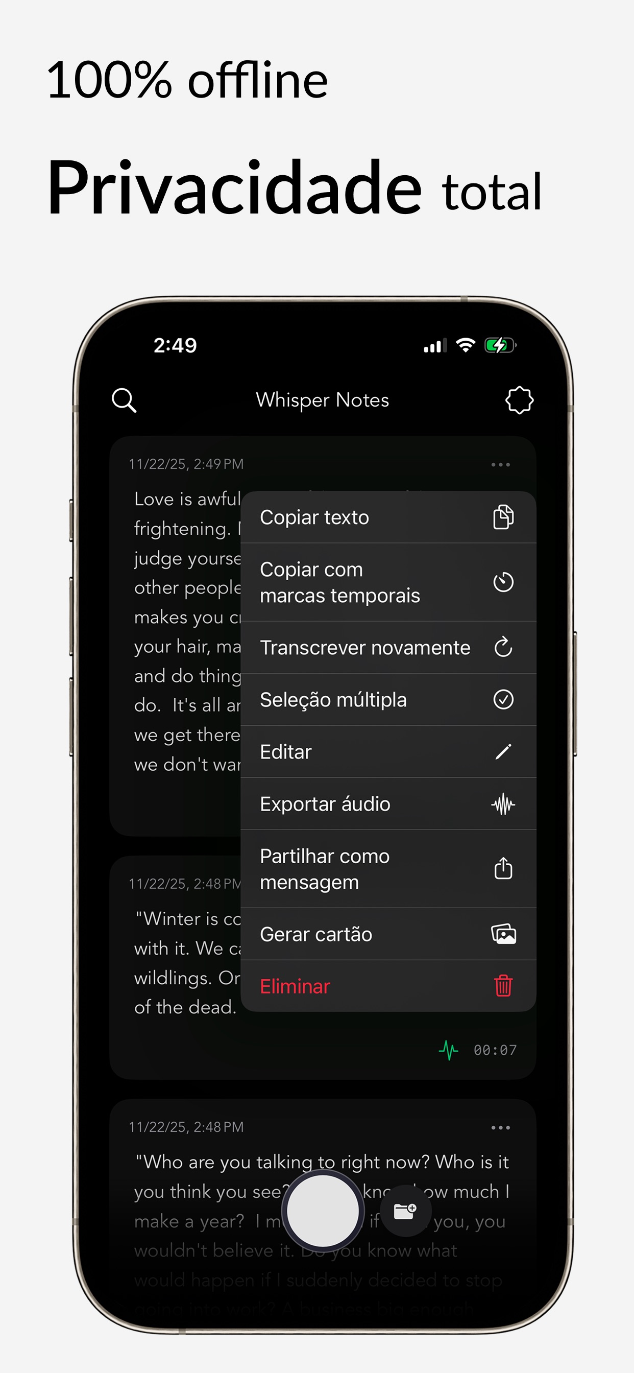 Captura de ecrã 2 da app Whisper Notes - Voz para Texto