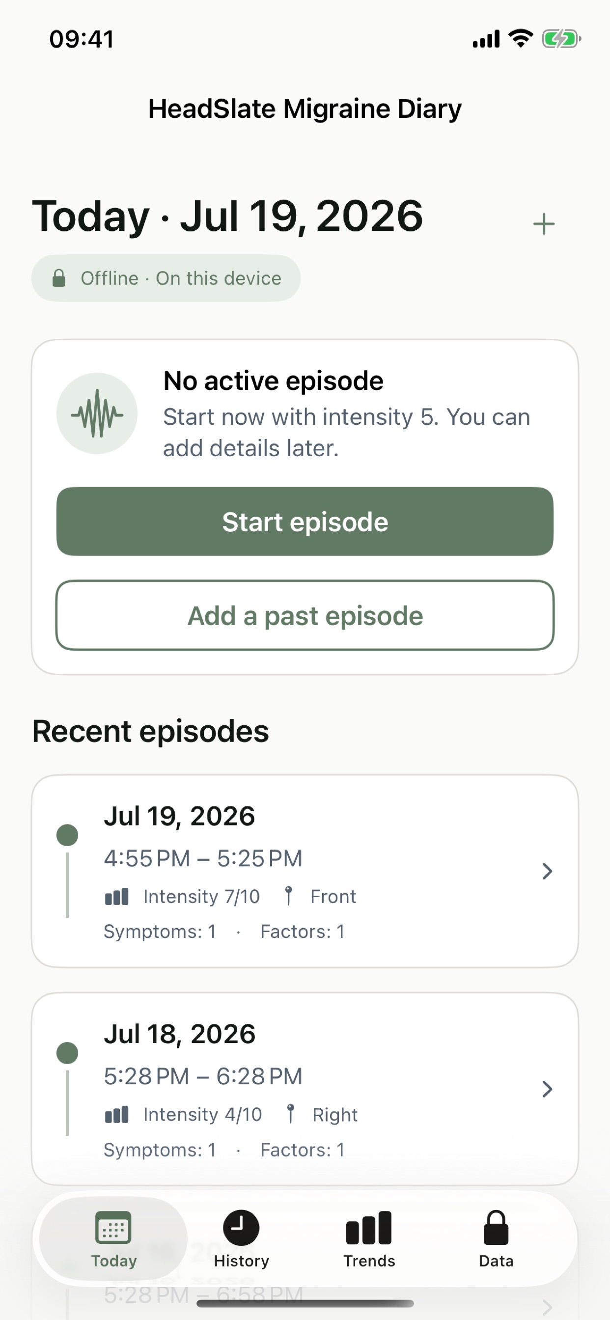 Captura de ecrã 1 da app HeadSlate · Diário de cefaleia
