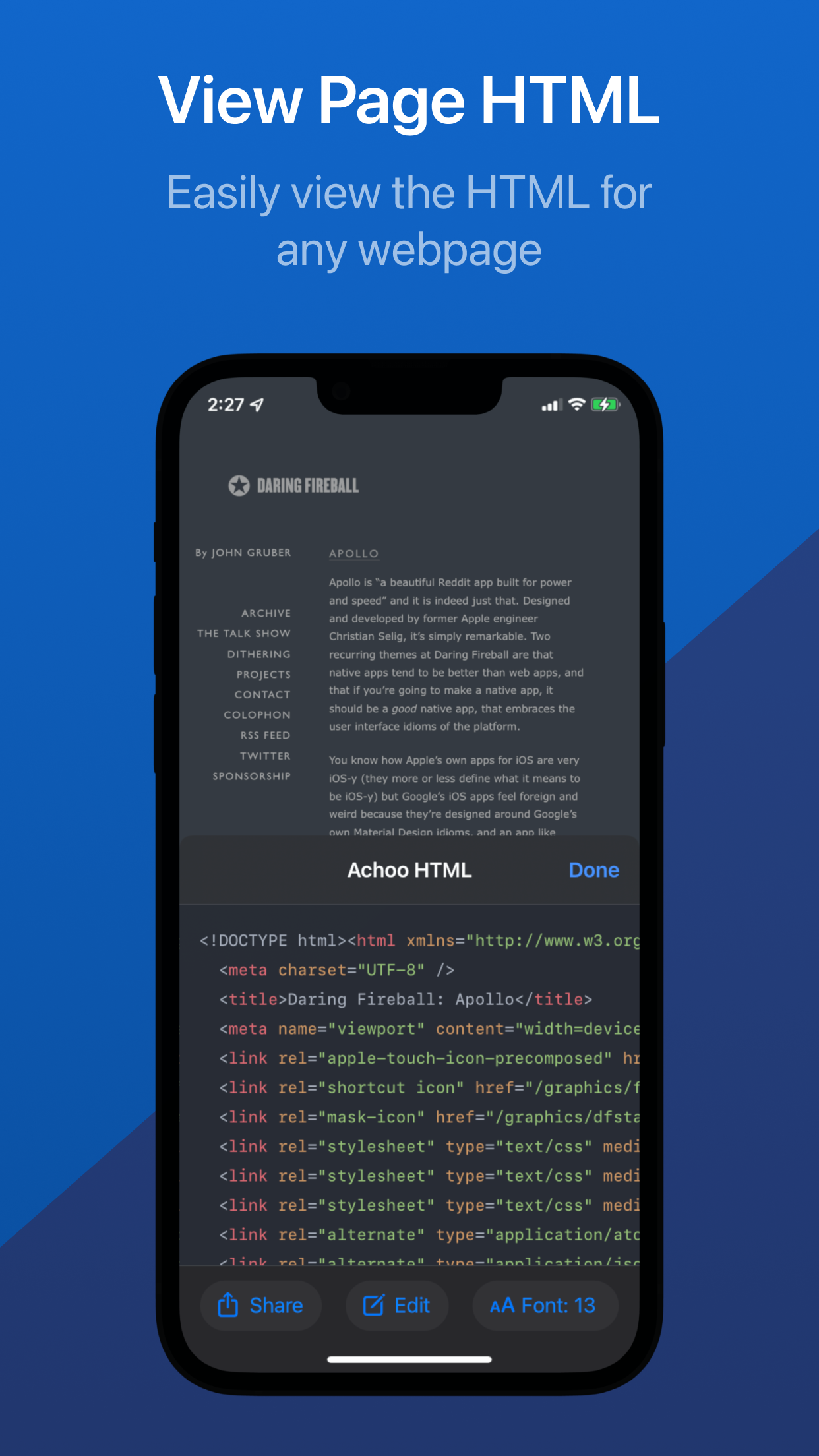 Captura de ecrã 1 da app Achoo HTML Viewer & Inspector