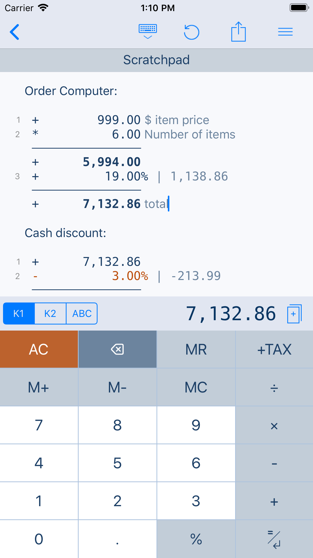 Captura de ecrã 1 da app CalcTape calculadora de fita