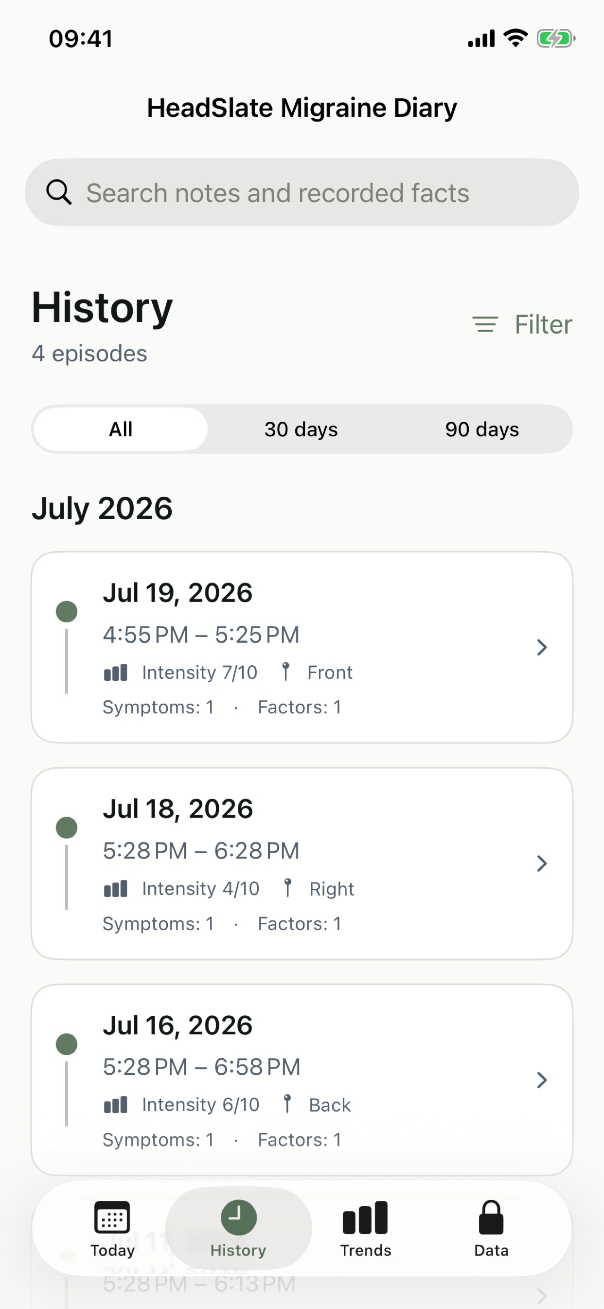 Captura de ecrã 2 da app HeadSlate · Diário de cefaleia