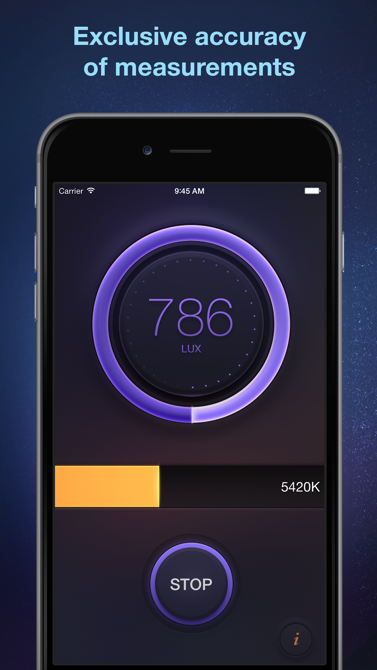 Captura de ecrã 1 da app Lux Meter - light measurement tool for measuring lumens, foot candles, lx and light temperature