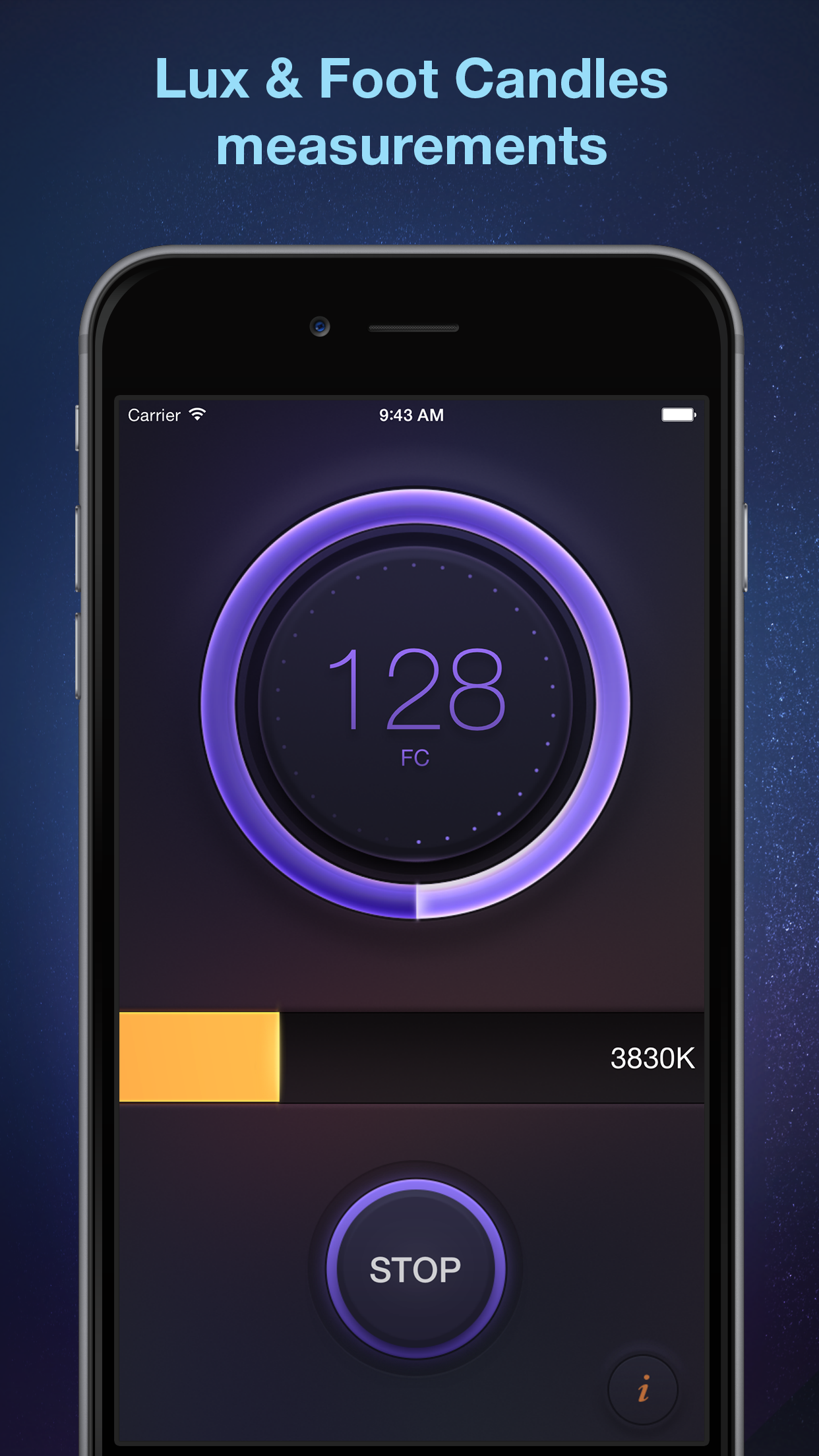 Captura de ecrã 3 da app Lux Meter - light measurement tool for measuring lumens, foot candles, lx and light temperature